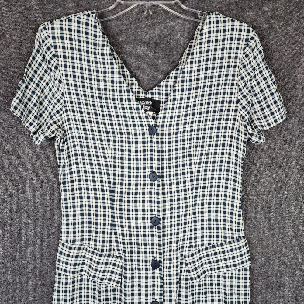 Dawn Joy Dress Womens 7-8 Vintage 4843 Navy Blue Gingham Button Front EUC